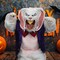 Adult Mega Bunny Costume White Jumpsuit with Vest Bow Tie Latex Hands Feet and Mask